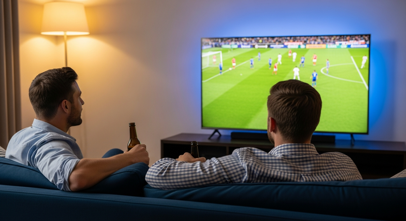 Two friends watching a live 4K HDR football broadcast on a wall-mounted Smart TV — buffer-free streaming on ORCA 4K TV with Anti Freeze CDN.