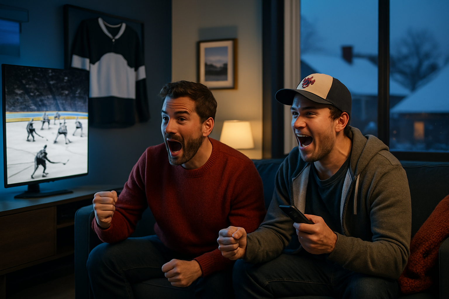 Two Canadian hockey fans on a navy sofa watching a live 4K HDR North American pro hockey playoff match on a wall-mounted Smart TV - buffer-free IPTV Canada streaming on ORCA 4K TV.