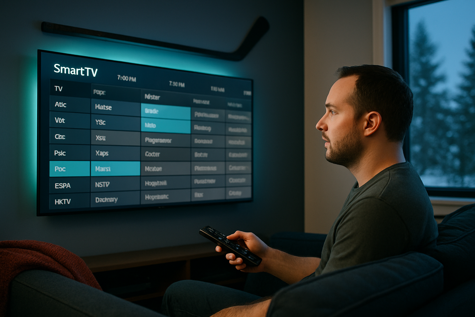 Adult holding a TV remote browsing the bilingual Smart EPG channel guide on a 4K Smart TV - ORCA 4K TV Canada IPTV subscription with electronic program guide and 7-day catch up TV.