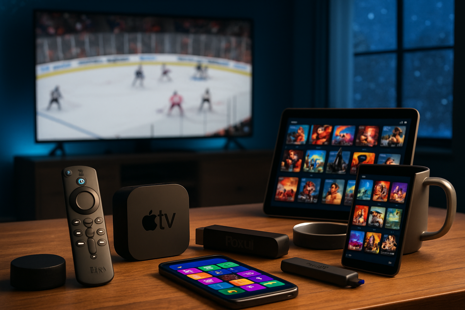 Coffee table with Firestick 4K Max remote, Apple TV 4K box, Roku player, smartphone and tablet in a Canadian living room - multi-device IPTV compatibility on ORCA 4K TV Canada subscription.