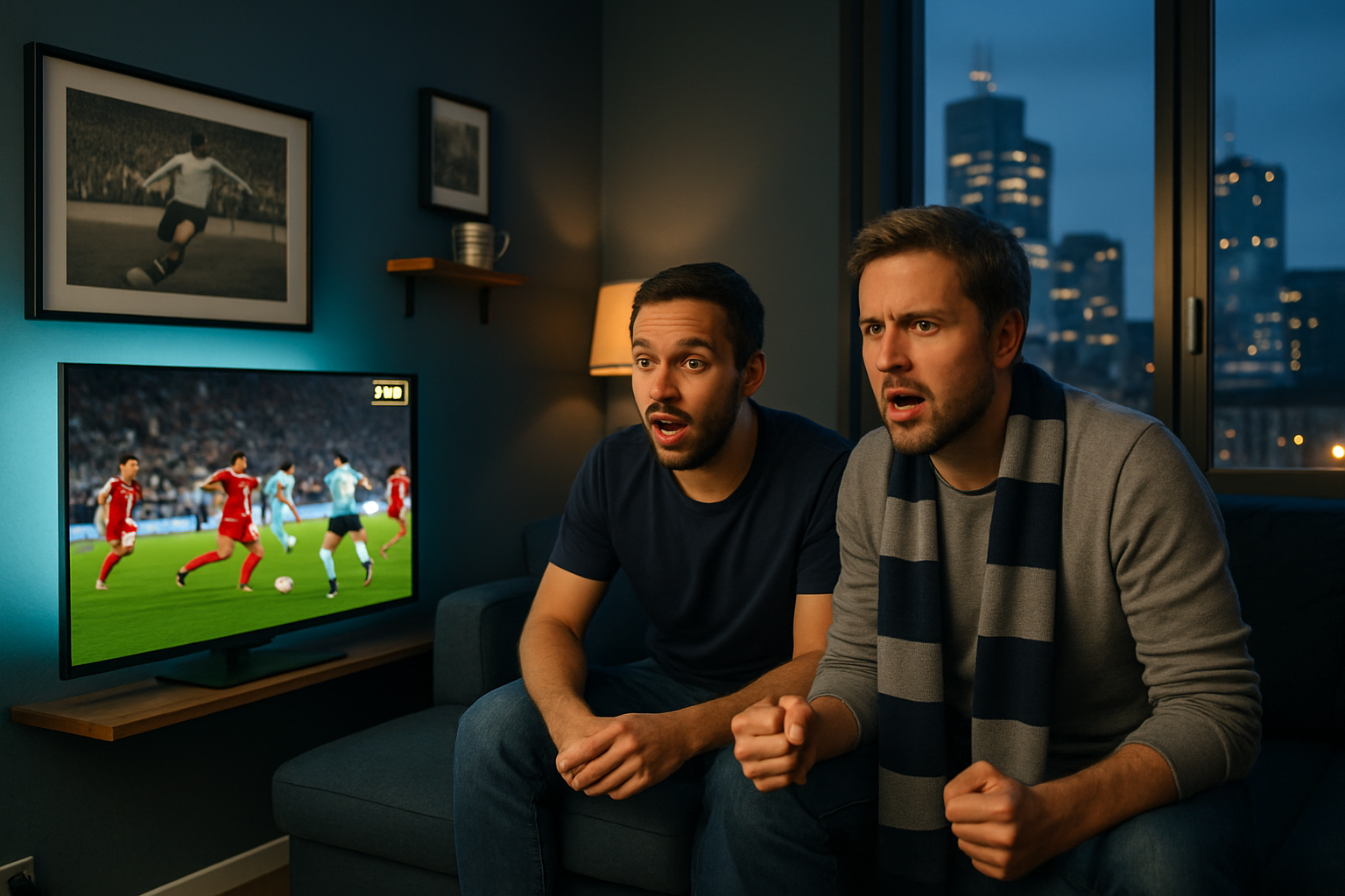 Zwei deutsche Fußball-Fans auf dem Sofa beim Live-Streaming eines 4K-HDR-Spitzenfußball-Spiels auf einem Smart TV - pufferungsfreies IPTV Deutschland Streaming auf ORCA 4K TV.