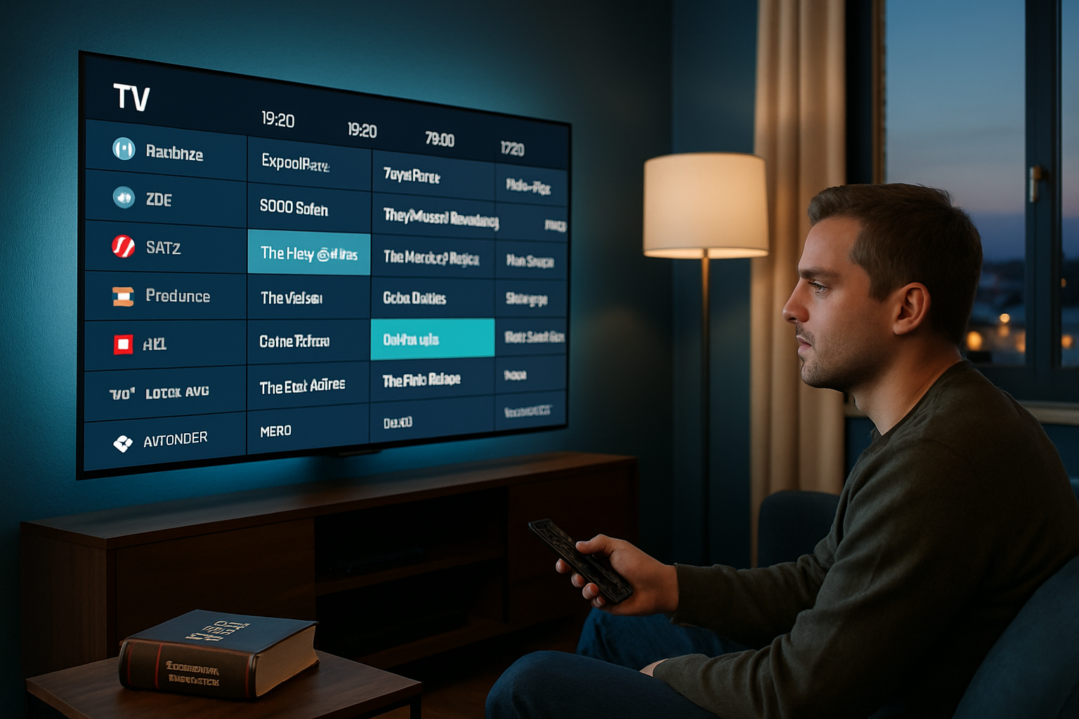 Erwachsener mit Fernbedienung sieht den Smart-TV-Programmführer auf einem 4K-Smart-TV - ORCA 4K TV Deutschland IPTV-Abonnement mit elektronischem Programmführer und 7-Tage-Catch-Up-TV.