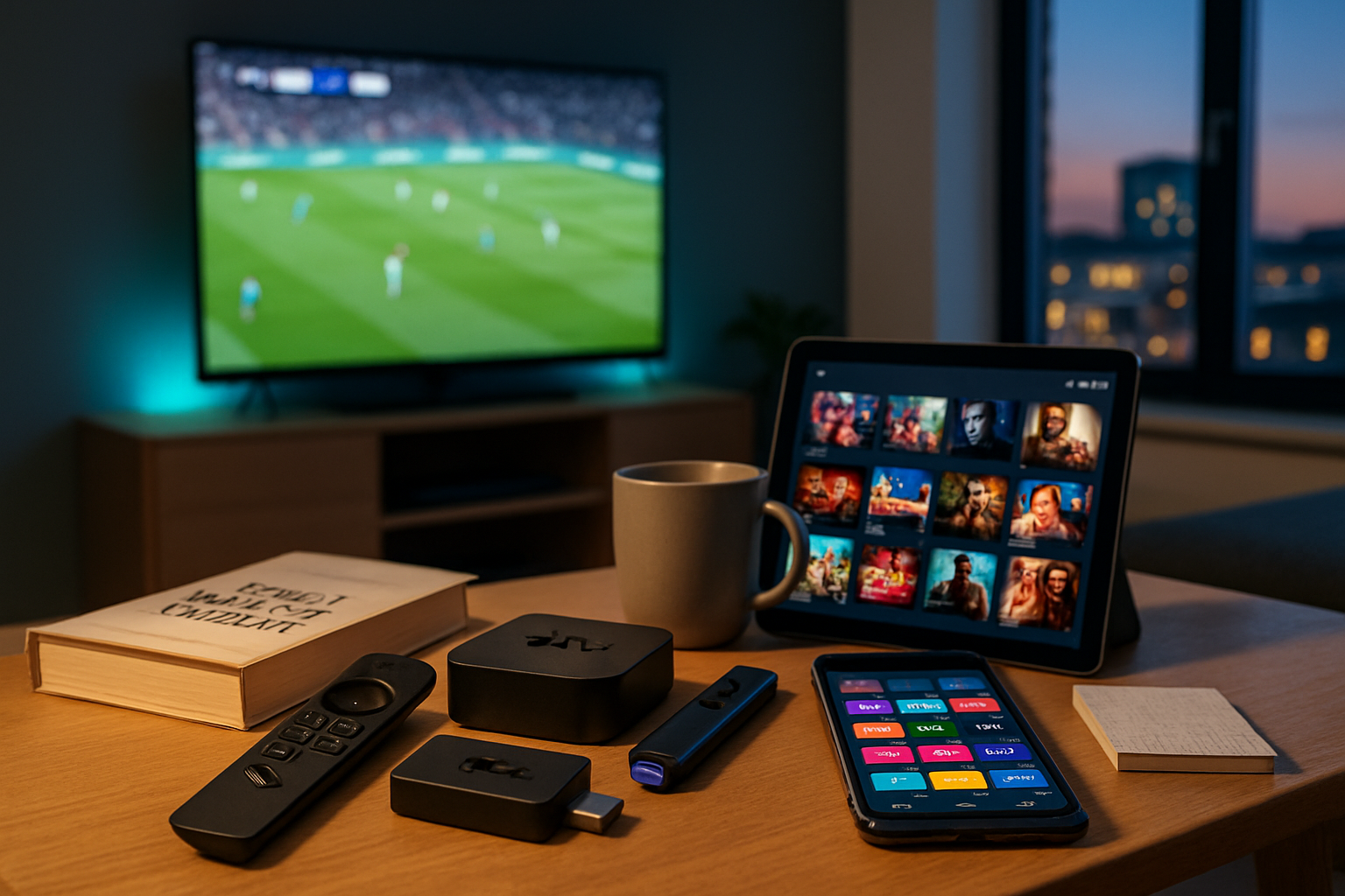 Couchtisch mit Firestick 4K Max Fernbedienung, Apple TV 4K Box, Roku-Player, Smartphone und Tablet in einem deutschen Wohnzimmer - Multi-Device-IPTV-Kompatibilität auf ORCA 4K TV Deutschland.