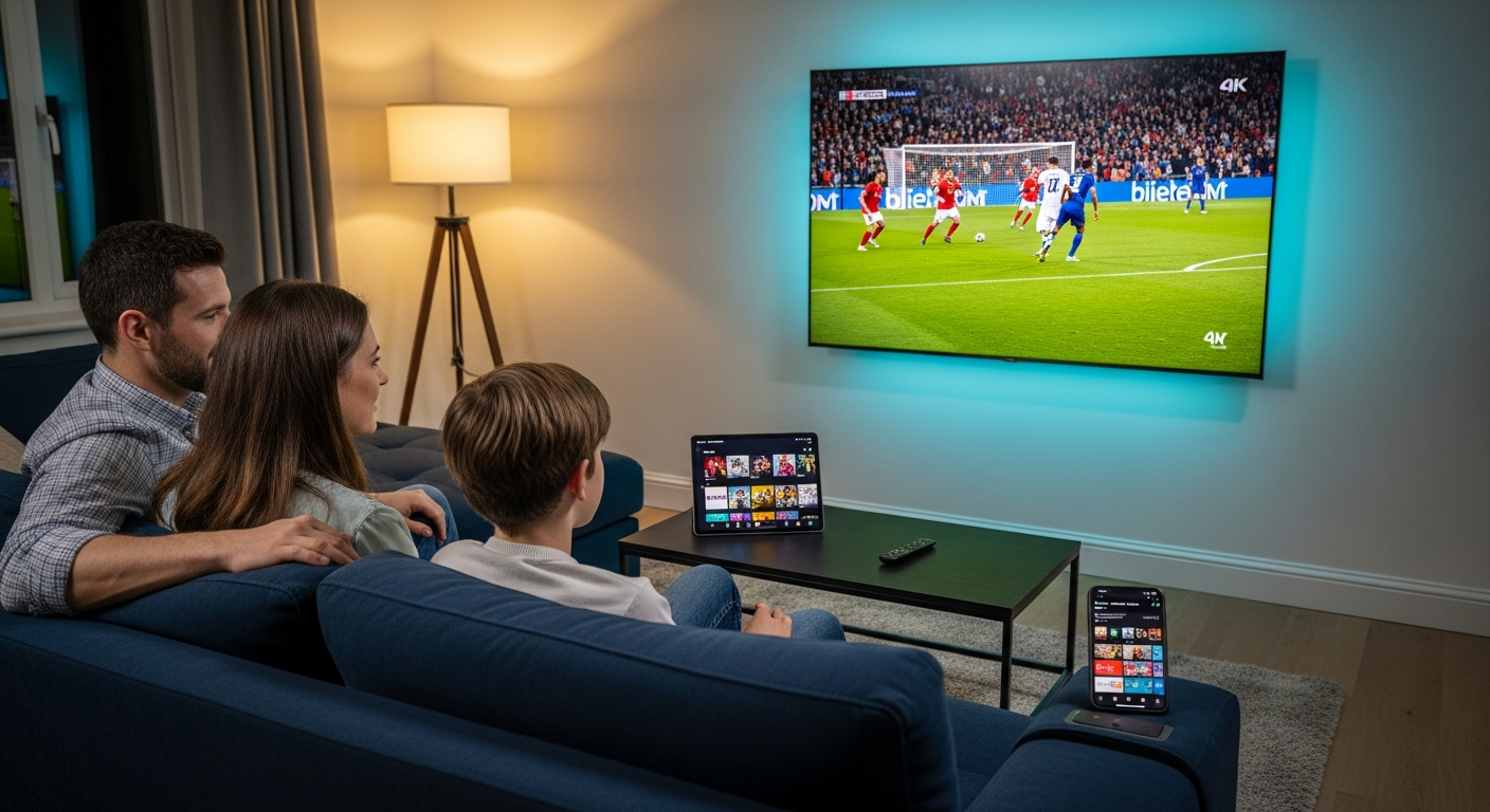 Family watching a live 4K football match on a Smart TV with a tablet and smartphone alongside — multi-device IPTV subscription on ORCA 4K TV.
