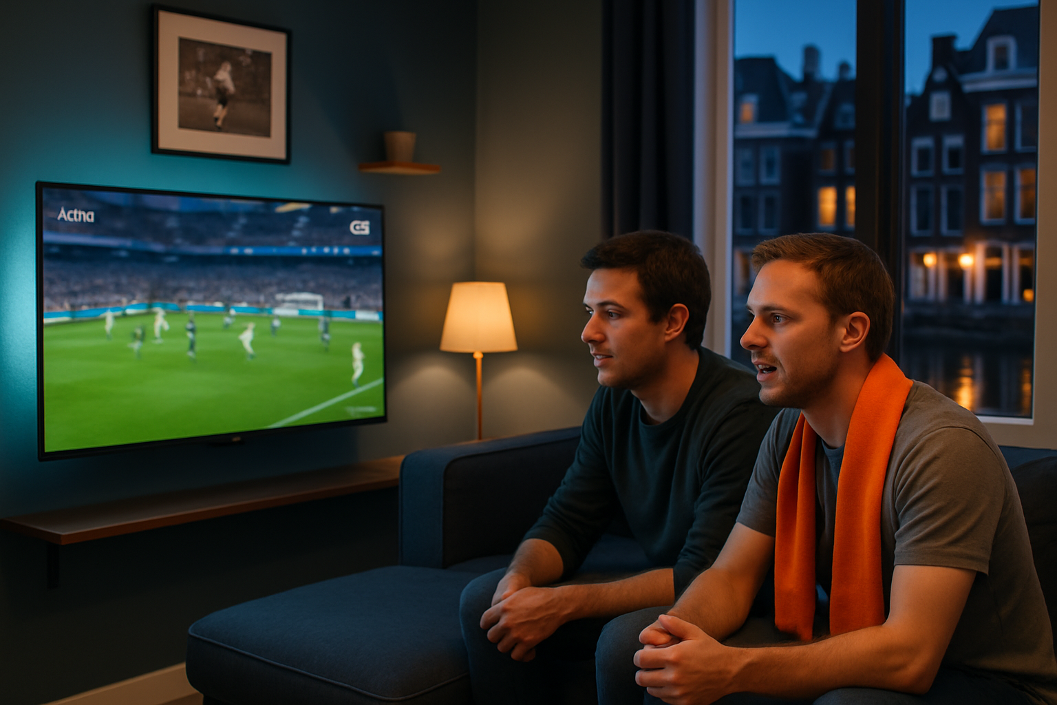 Två svenska fotbollsfans i soffan ser en elitfotbollsmatch i 4K HDR på en smart-tv, IPTV Sverige utan buffring hos ORCA 4K TV.