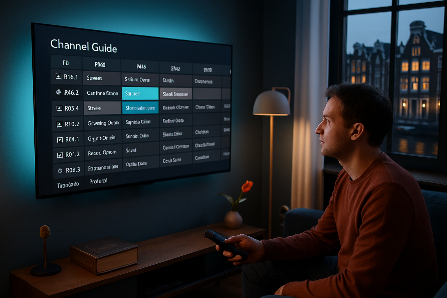 Person med fjärrkontroll bläddrar i programguiden på en 4K-tv, ORCA 4K TV IPTV Sverige med EPG och sju dagars catch-up.