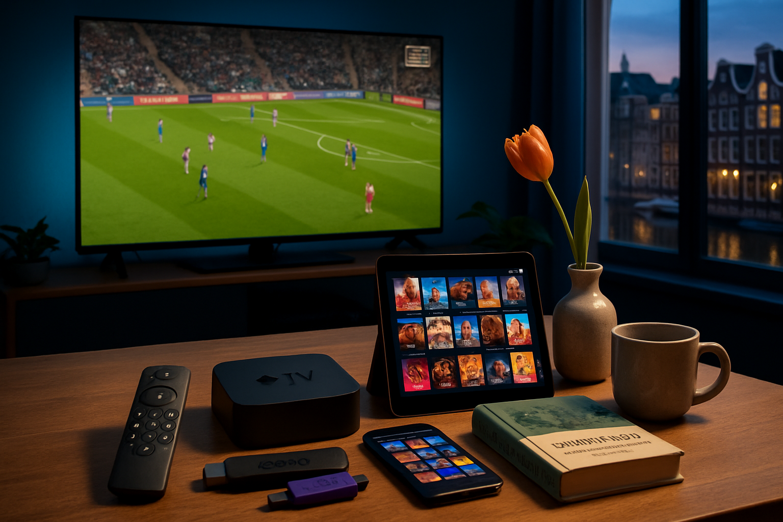 Soffbord med Firestick-fjärrkontroll, Apple TV, mobil och tablet i ett svenskt vardagsrum, IPTV på flera enheter hos ORCA 4K TV Sverige.