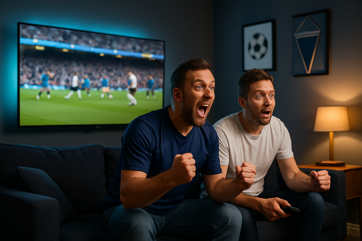 Two British football fans on a navy sofa watching a live 4K HDR football match on a wall-mounted Smart TV - buffer-free IPTV UK streaming on ORCA 4K TV.