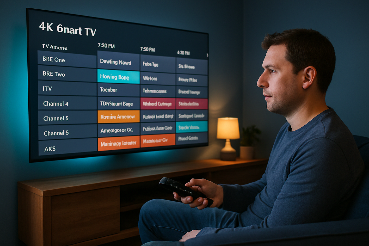 Adult holding a TV remote browsing the Smart EPG channel guide on a 4K Smart TV - ORCA 4K TV UK IPTV subscription with electronic program guide and 7-day catch up TV.