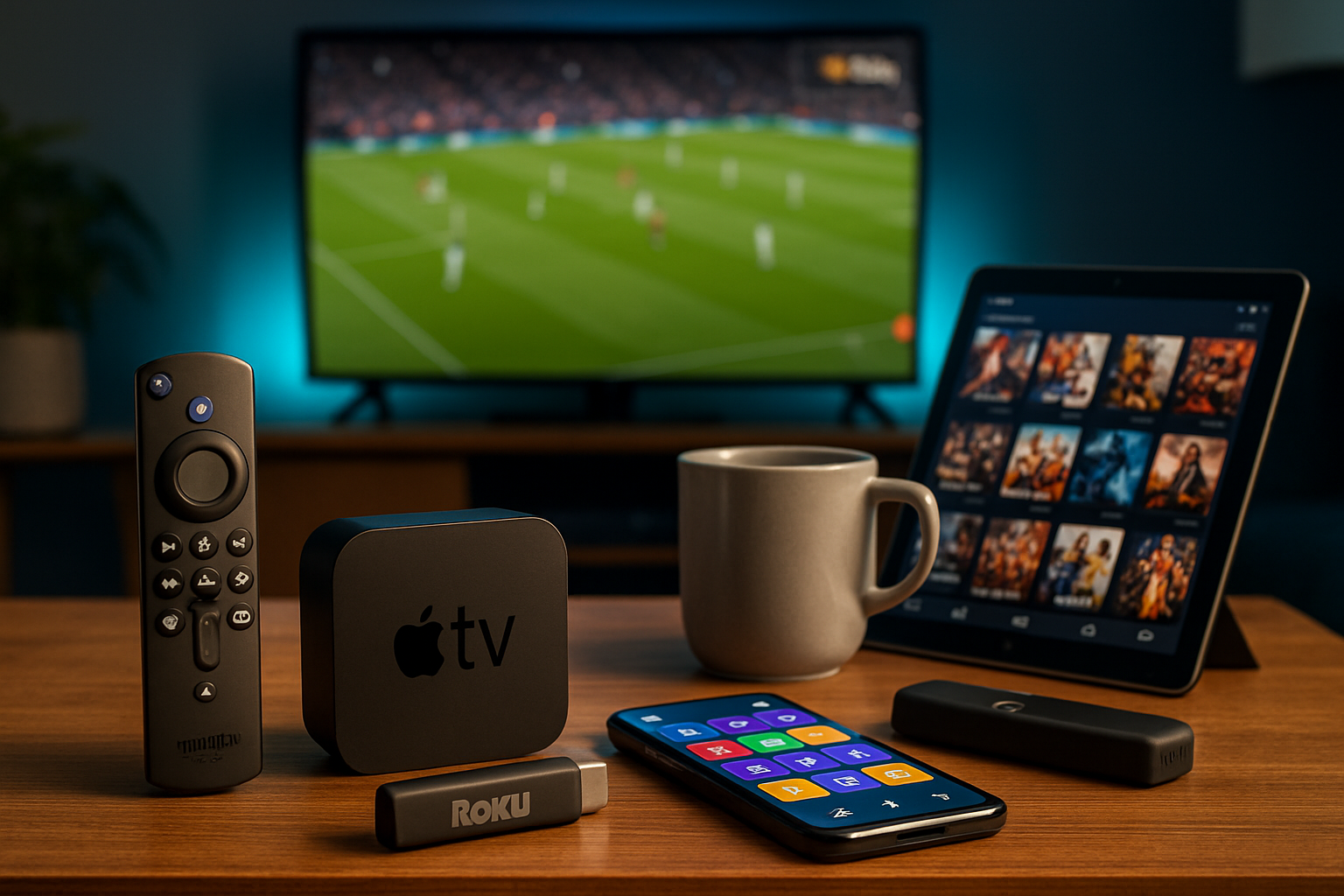 Coffee table with Firestick 4K Max remote, Apple TV 4K box, Roku player, smartphone and tablet - multi-device IPTV compatibility on ORCA 4K TV UK subscription.