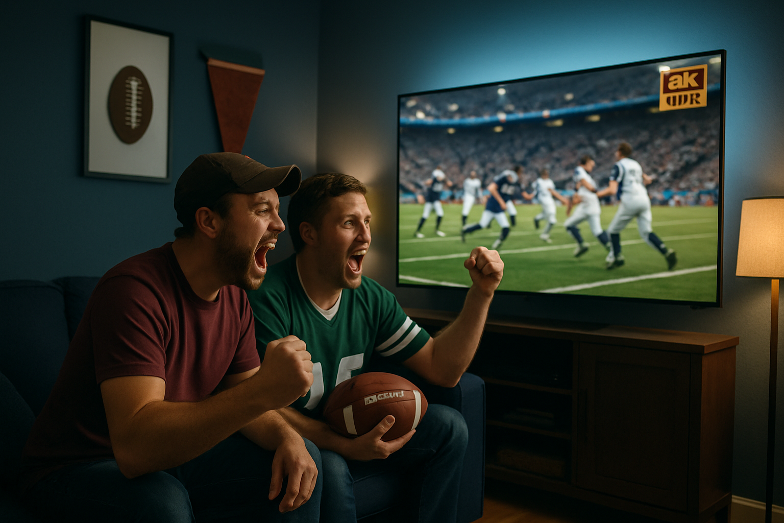 Two American football fans on a navy sofa watching a live 4K HDR football match on a wall-mounted Smart TV - buffer-free IPTV USA streaming on ORCA 4K TV.