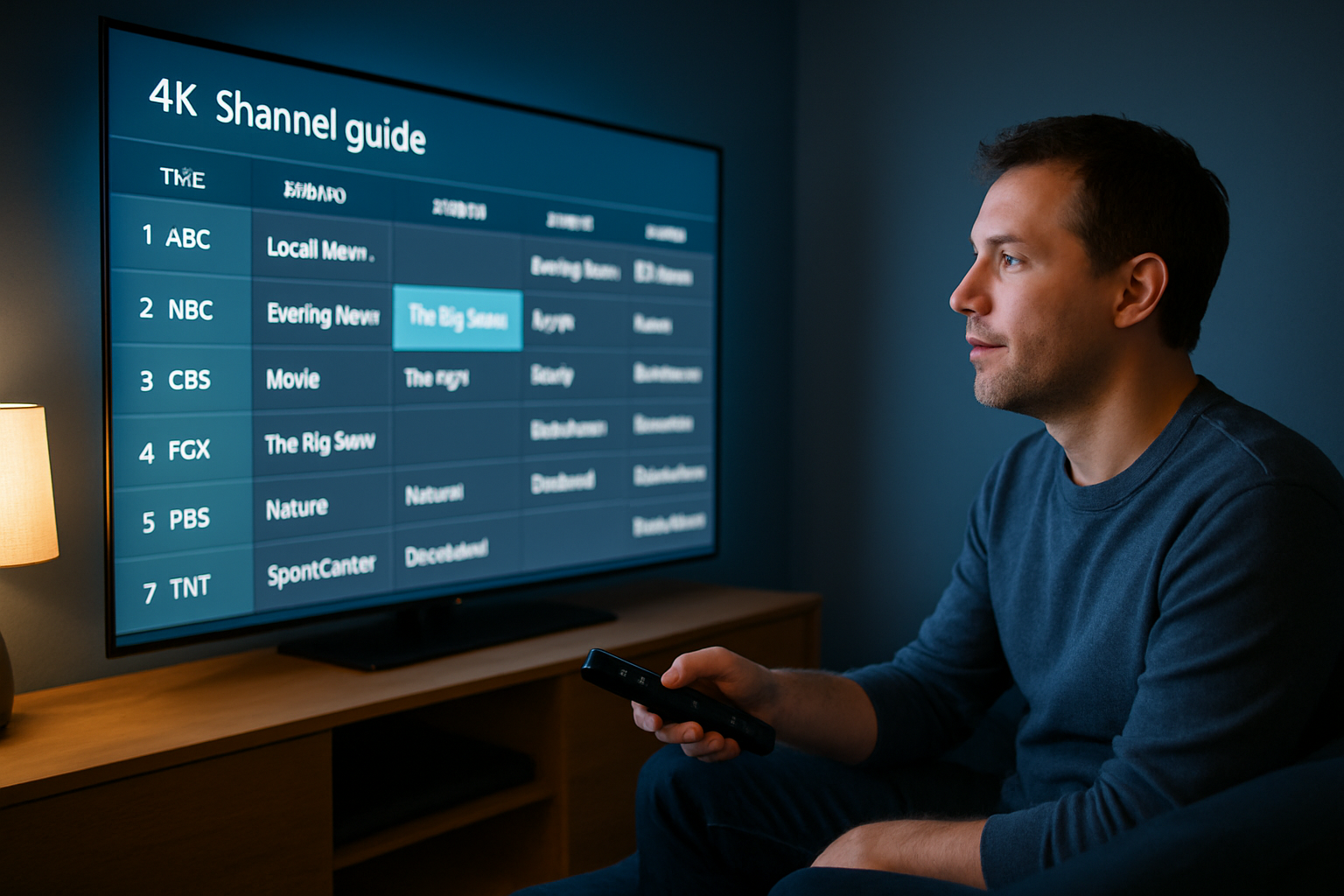 Adult holding a TV remote browsing the Smart EPG channel guide on a 4K Smart TV - ORCA 4K TV USA IPTV subscription with electronic program guide and 7-day catch up TV.