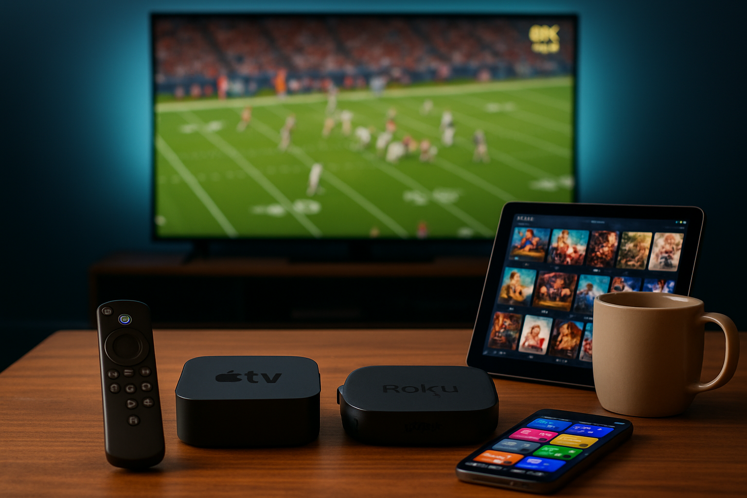 Coffee table with Firestick 4K Max remote, Apple TV 4K box, Roku Ultra, smartphone and tablet - multi-device IPTV compatibility on ORCA 4K TV USA subscription.